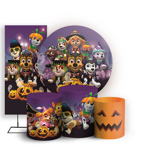 Capas Painel Redondo Trio Cilindro e Faixa Lateral Sublimado - Patrulha Canina - Halloween