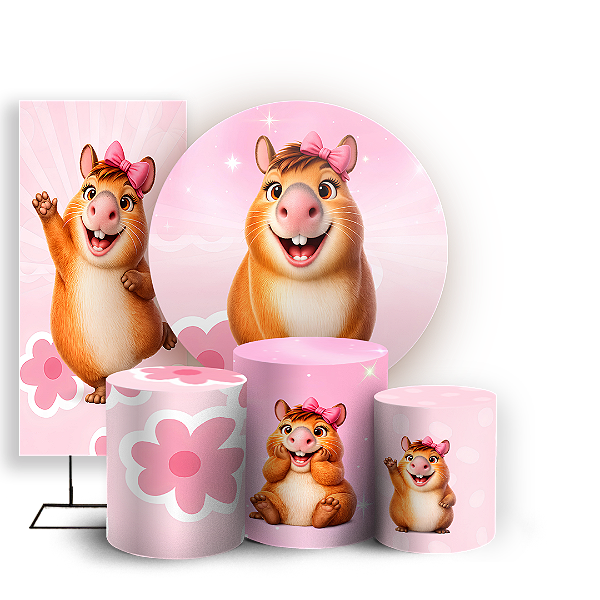 Capas Painel Redondo Trio Cilindro e Faixa Lateral Sublimado - Capivara Rosa
