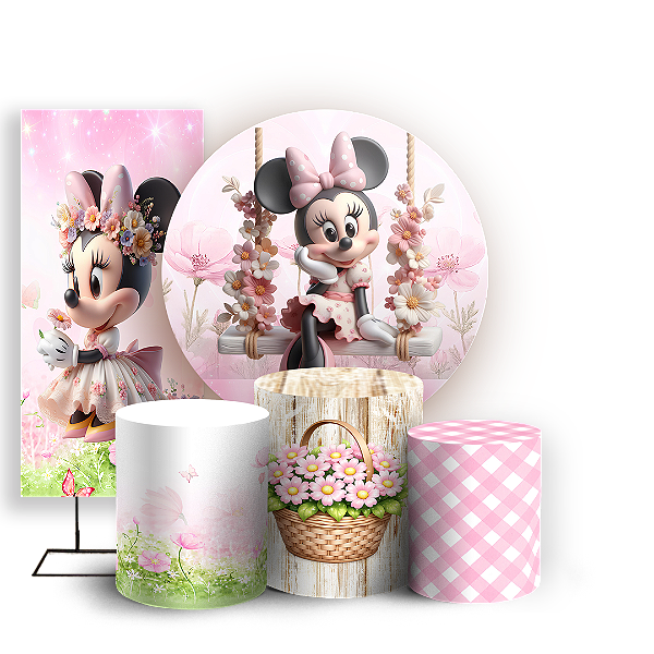 Capas Painel Redondo Trio Cilindro e Faixa Lateral Sublimado - Fazendinha Mickey e Minnie