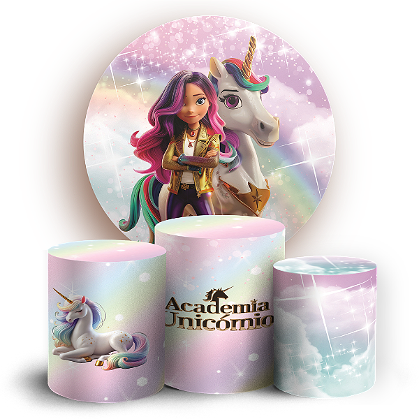 Capas Painel Redondo e Trio Cilindro Sublimado - Academia Unicornio