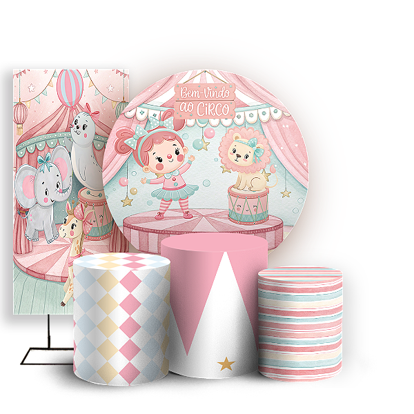 Capas Painel Redondo Trio Cilindro e Faixa Lateral Sublimado - Circo Rosa