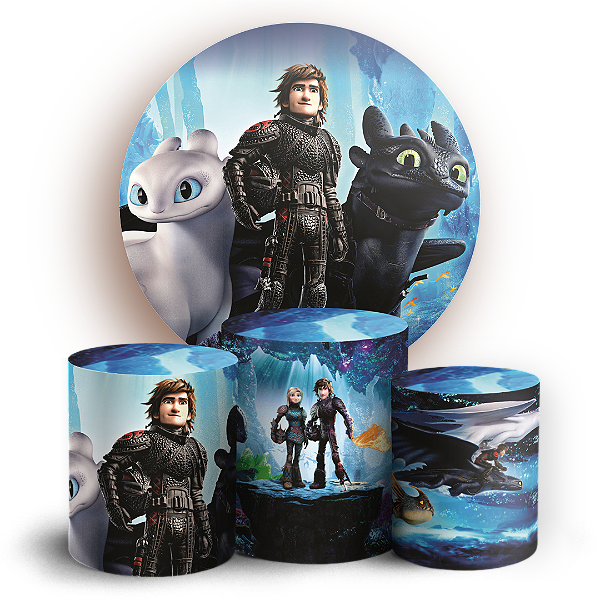 Capas Painel Redondo e Trio Cilindro Sublimado - Como Treinar Seu Dragao