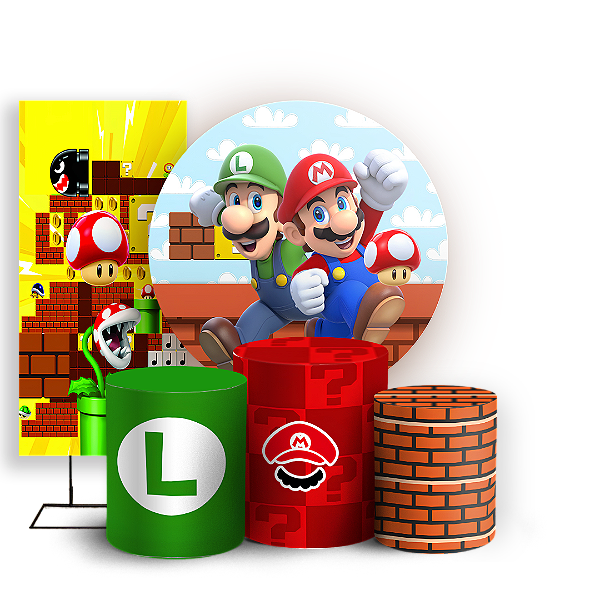 Capas Painel Redondo Trio Cilindro e Faixa Lateral Sublimado - Super Mario