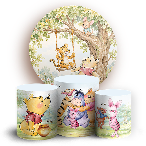 Capas Painel Redondo e Trio Cilindro Sublimado - Ursinho Pooh Aquarela