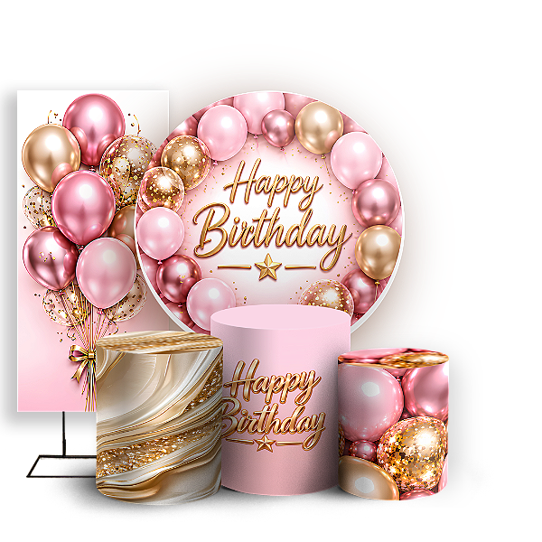 Capas Painel Redondo Trio Cilindro e Faixa Lateral Sublimado - Happy Birthday
