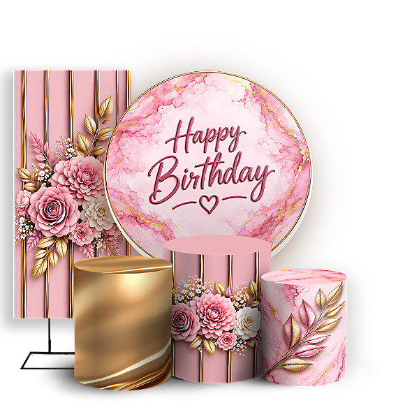 Capas Painel Redondo Trio Cilindro e Faixa Lateral Sublimado - Happy Birthday