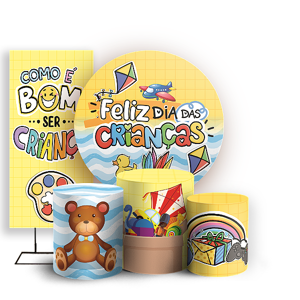 Capas Painel Redondo Trio Cilindro e Faixa Lateral Sublimado - Dia das Crianças