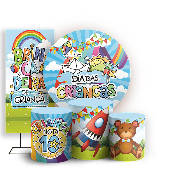 Capas Painel Redondo Trio Cilindro e Faixa Lateral Sublimado - Dia das Crianças