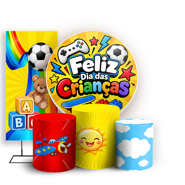 Capas Painel Redondo Trio Cilindro e Faixa Lateral Sublimado - Dia das Crianças