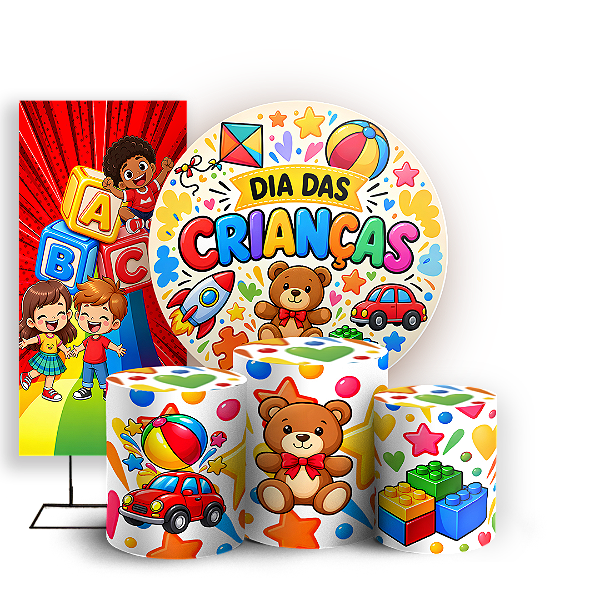 Capas Painel Redondo Trio Cilindro e Faixa Lateral Sublimado - Dia das Crianças