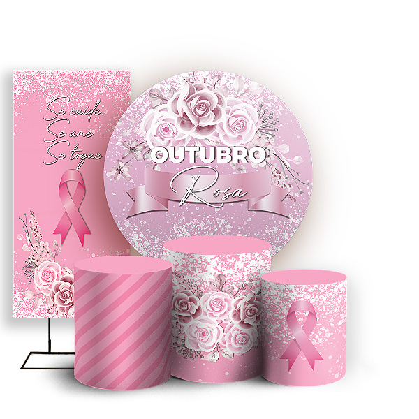 Capas Painel Redondo Trio Cilindro e Faixa Lateral Sublimado - Outubro Rosa