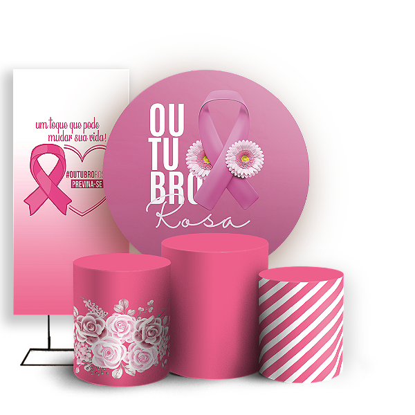 Capas Painel Redondo Trio Cilindro e Faixa Lateral Sublimado - Outubro Rosa