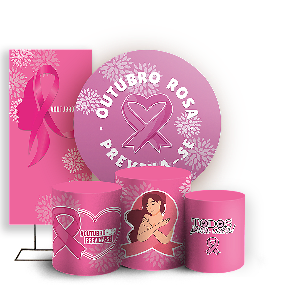 Capas Painel Redondo Trio Cilindro e Faixa Lateral Sublimado - Outubro Rosa
