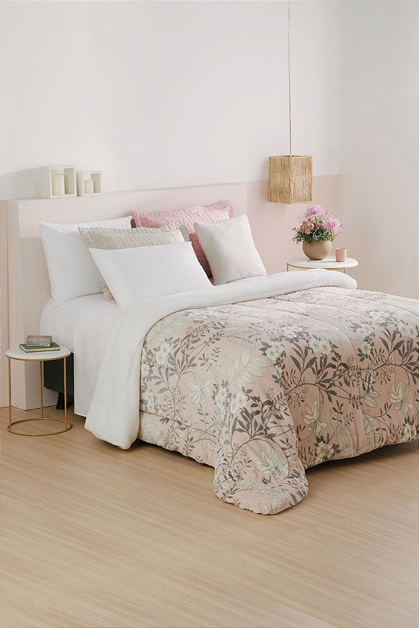 Coberdrom Dupla Face Com Sherpa Liso Queen 2,40mx2,60m Floral Bege