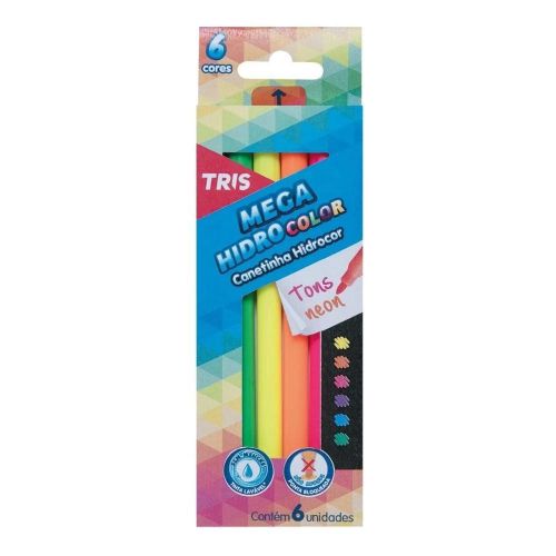 CANETA MEGA HIDROCOLOR COLORIDA COM 6 CORES NEONS TRIS