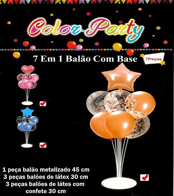 KIT BALÕES LÁTEX CONFETE + SUPORTE EM ACRÍLICO - 07 PEÇAS