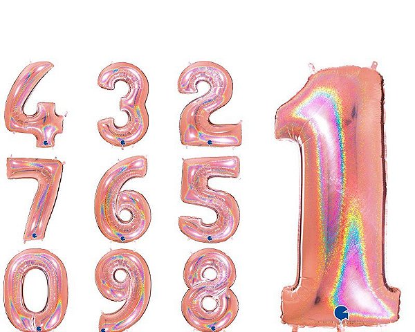 Balão Holografico Numeros 1 Rose Gold 40 cm