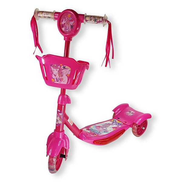Patinete Infantil 03 Rodas Com Cesta, Musica e Luz Unicornio