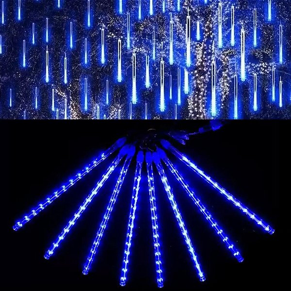 Jogo 8 Tubo Snow Led 30cm Chuva Meteoro Cascata Azul 288 LEDS