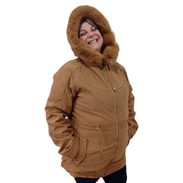 Jaqueta Parka Feminina Apeluciada com Capuz Inverno Grande