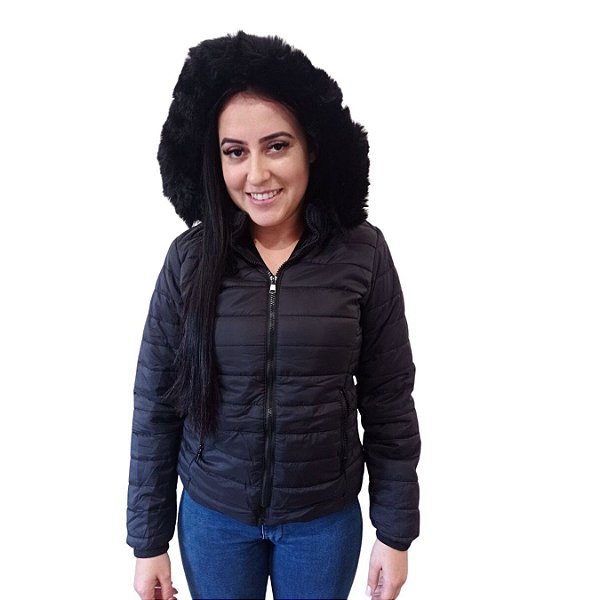 Jaqueta Feminina Puffer Bobojaco Forrada Com Pelos Preto