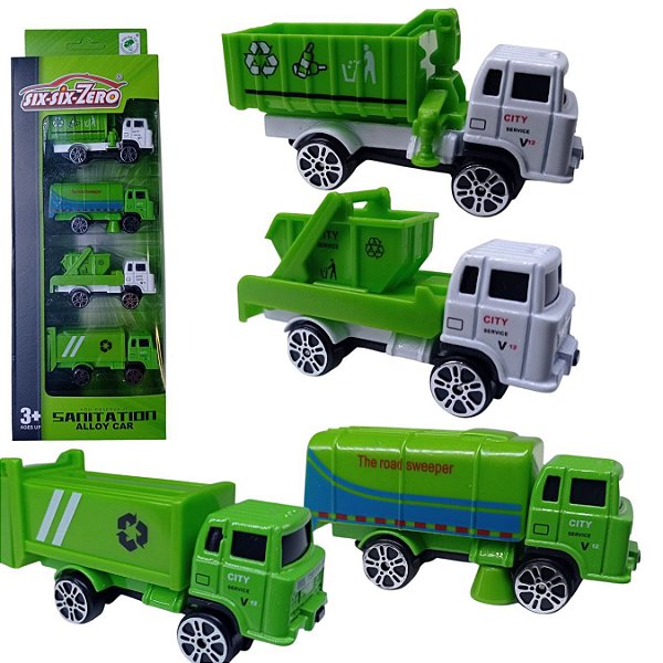 kit 4 carrinhos Caminhão Coletores De Lixo Cidade Limpa