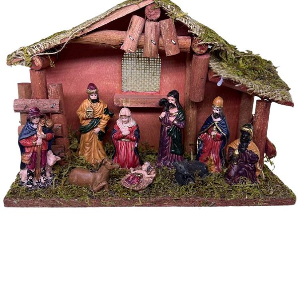 PRESEPIO DE NATAL RESINA C/9 PCS DECORADO CASA DE MADEIRA