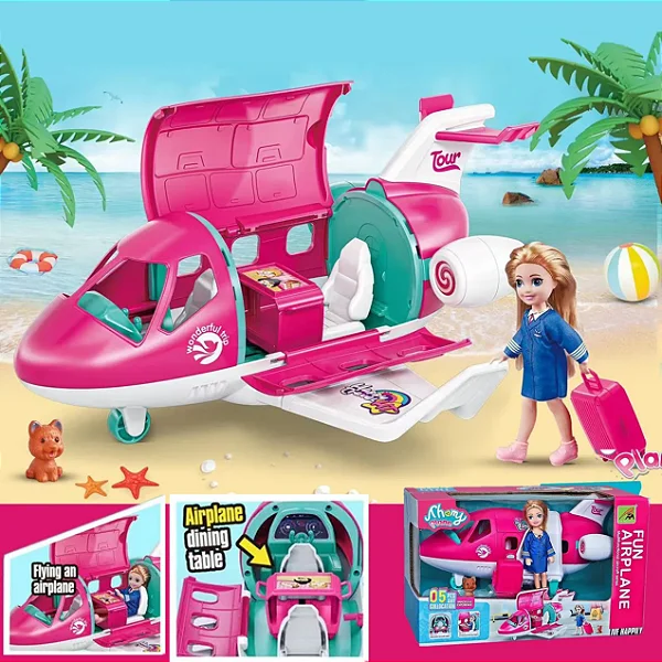 Brinquedo avião com acessorios e mini boneca Tipo Barbie