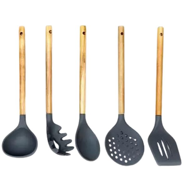 Conjunto de utensílios de Teflon com cabo Madeira 5 Pç Elite