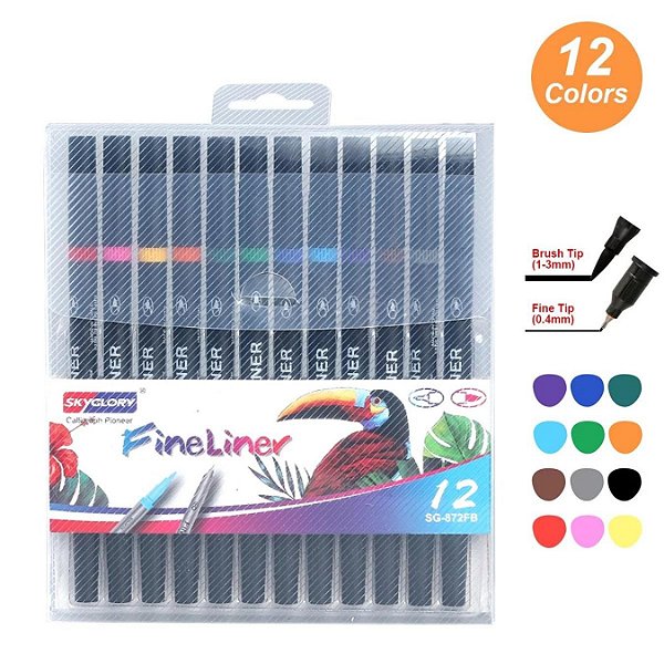 CANETINHA 2 PONTA FINELINER 12 CORES SKYGLORY