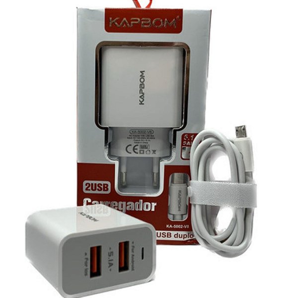 Carregador Turbo Rápido 2 USB com cabo V8 5.1A