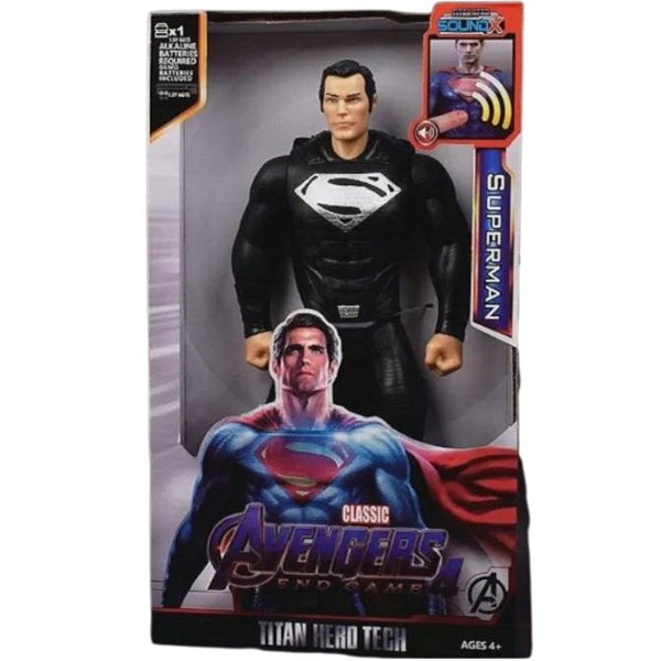 Boneco Vingadores 30cm Articulado som e led: Super Man Preto