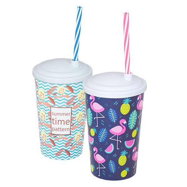 COPO PLÁSTICO COM TAMPA E CANUDO LABEL FLAMINGO – 550ML