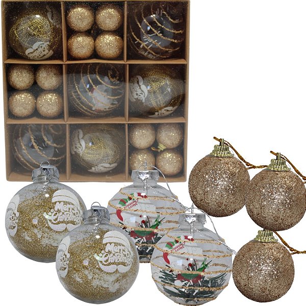 Kit Decoração Enfeite de Natal 8cm e 4cm 30 Unidade Dourado