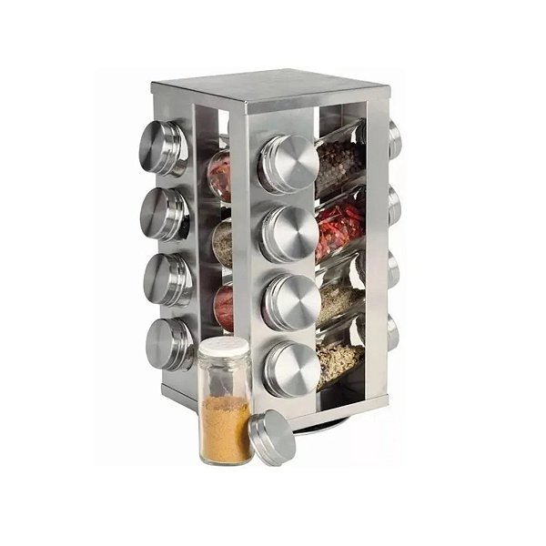 Porta Tempero Giratorio Quadrado Inox 16 Potes De Vidro
