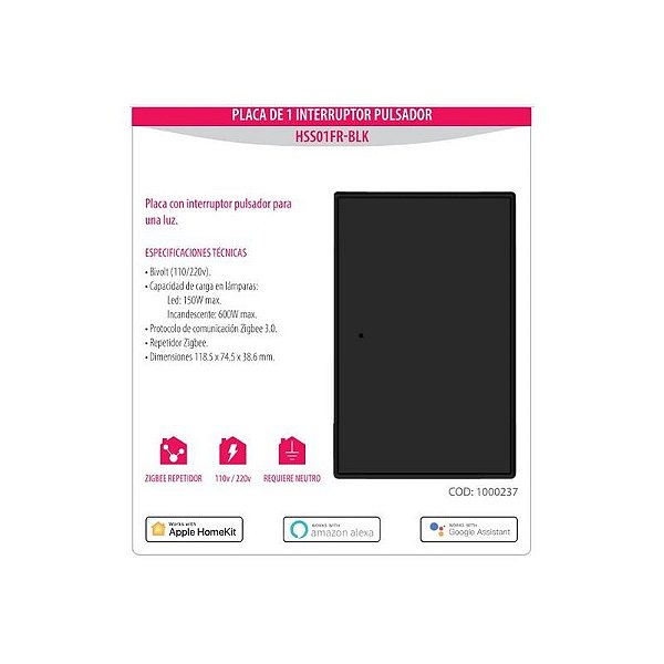Interruptor Inteligente Zigbee Homie Esp Push 1 Preto HSS01FR-BLK