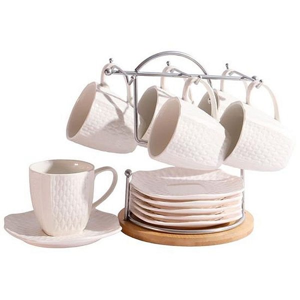 Conjunto Elegante de 6 Xícaras e Pires com Suporte para Café ou Chá