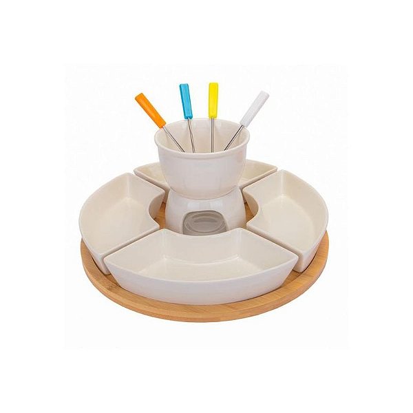 Conjunto de Fondue em Porcelana com 12 Peças e Base de Bambu de 30CM