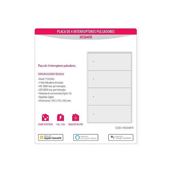 Dispositivo Zigbee Homie Esp Push 4 Interno HSS04FR Branco 1000276