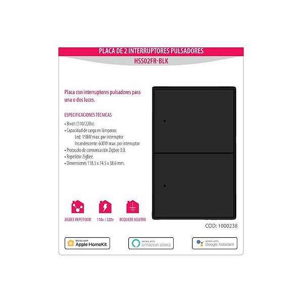 Interruptor Zigbee Homie Esp Push 2 - HSS02FR-BLK - Preto