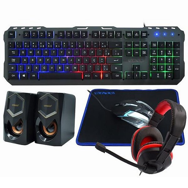 Kit Gamer Completo GK-53: Teclado, Mouse, Mousepad, Caixa de Som e Fones - Preto e Português