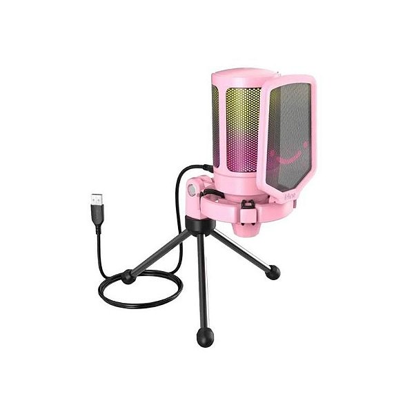 Microfone USB RGB Fifine A6V com Tripé - Cor Rosa