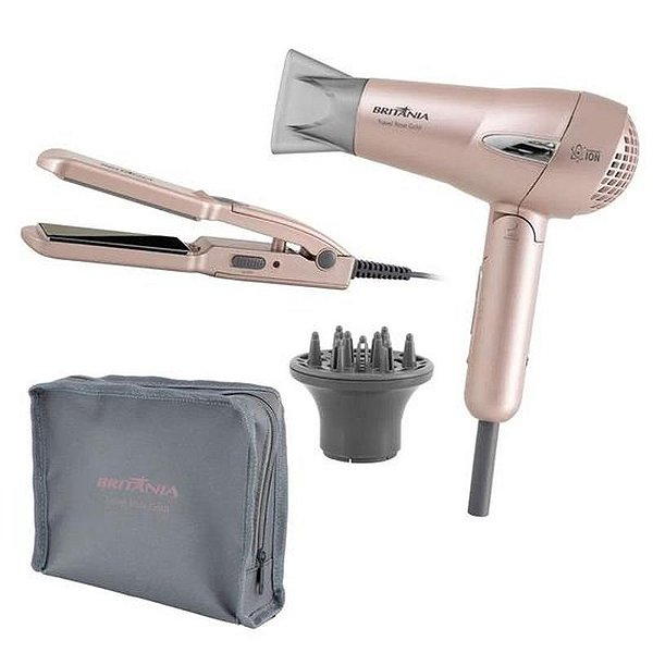 Kit Britânia Viagem - Secador + Alisador - 1200W - Bivolt - Rosa Gold