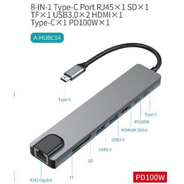 Hub USB-C 8 em 1 com RJ45, HDMI, SD, TF e portas USB 3.0 e USB-C – Sate A-HUBC54