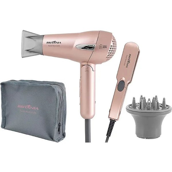 Conjunto de Viagem Rose Gold Britânia: Secador e Prancha Bivolt Completo