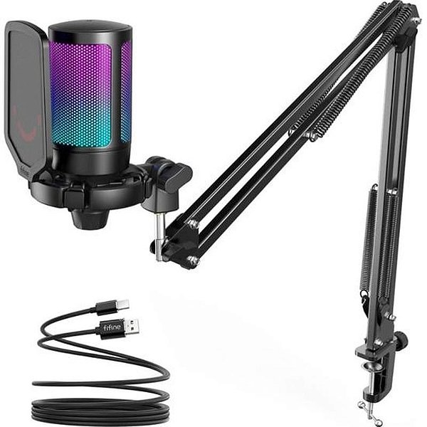 Microfone Gamer Fifine A6T RGB USB - Preto para Streaming e Gravação de Alta Qualidade