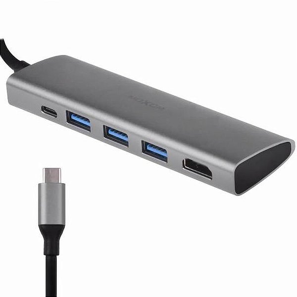 Hub Moxom MX-HB02 - Conector 3xUSB, USB-C e HDMI - Cor Cinza