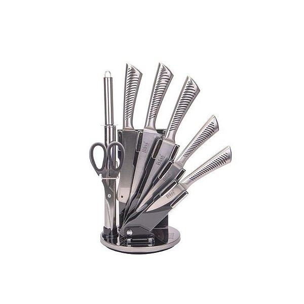 Conjunto de Facas de Cozinha em Inox com Suporte Rotativo - 7 Peças com Listras