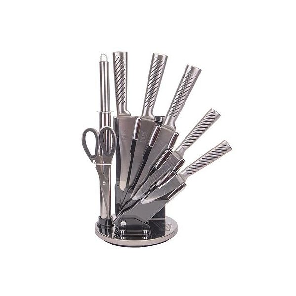 Conjunto de Facas de Cozinha em Aço Inoxidável 7 Peças com Suporte Rotativo em Preto Listrado
