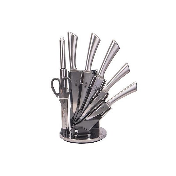 Conjunto de Facas de Aço Inoxidável para Cozinha com Suporte Rotativo - 7 Peças Prata
